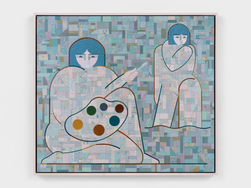 Ruby Sky Stiler Artist with Bather, 2025 Canvas, acrylic, pencil, and Jade adhesive on panel 44 x 50 in (111.8 x 127 cm) 48 7/8 x 52 x 3 3/8 in framed (124.1 x 132.1 x 8.6 cm framed)